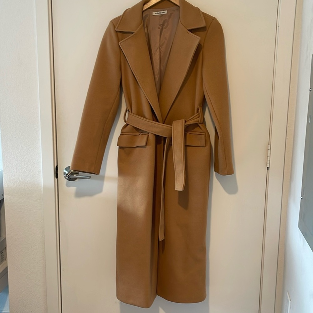 Size Small, tan winter coat, midi length.